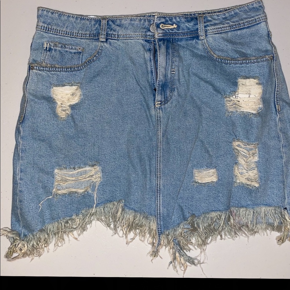 Light Denim Distressed Mini Skirt